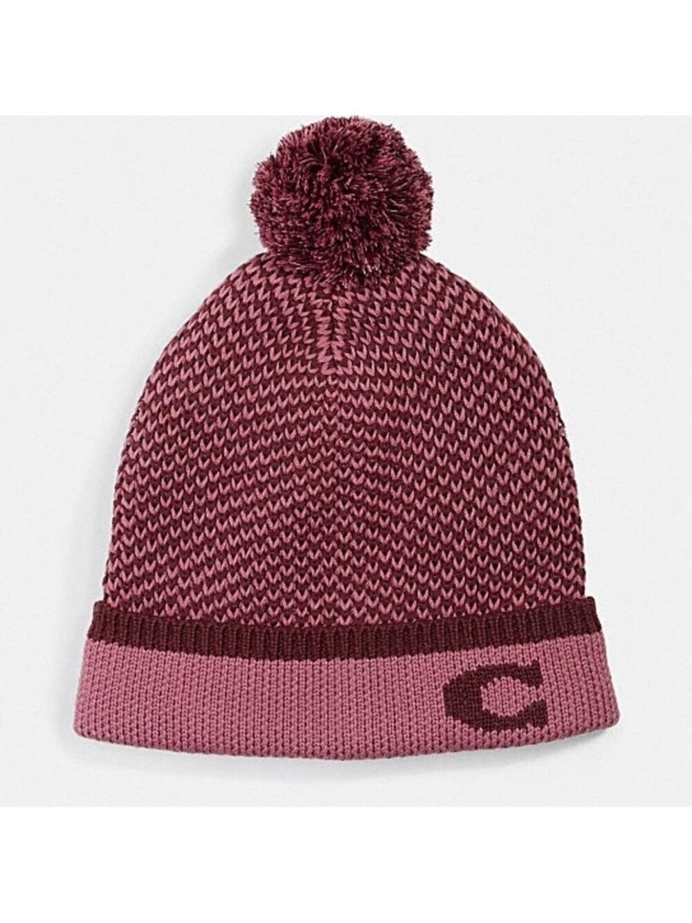 COACH PINK COLOR BLOCK KNIT HAT WITH POM POM